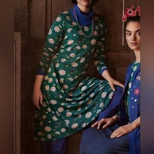 Gudrun Sjoden Green Floral Ingrid Midi Dress Long Sleeve Lagenlook Size XL NEW